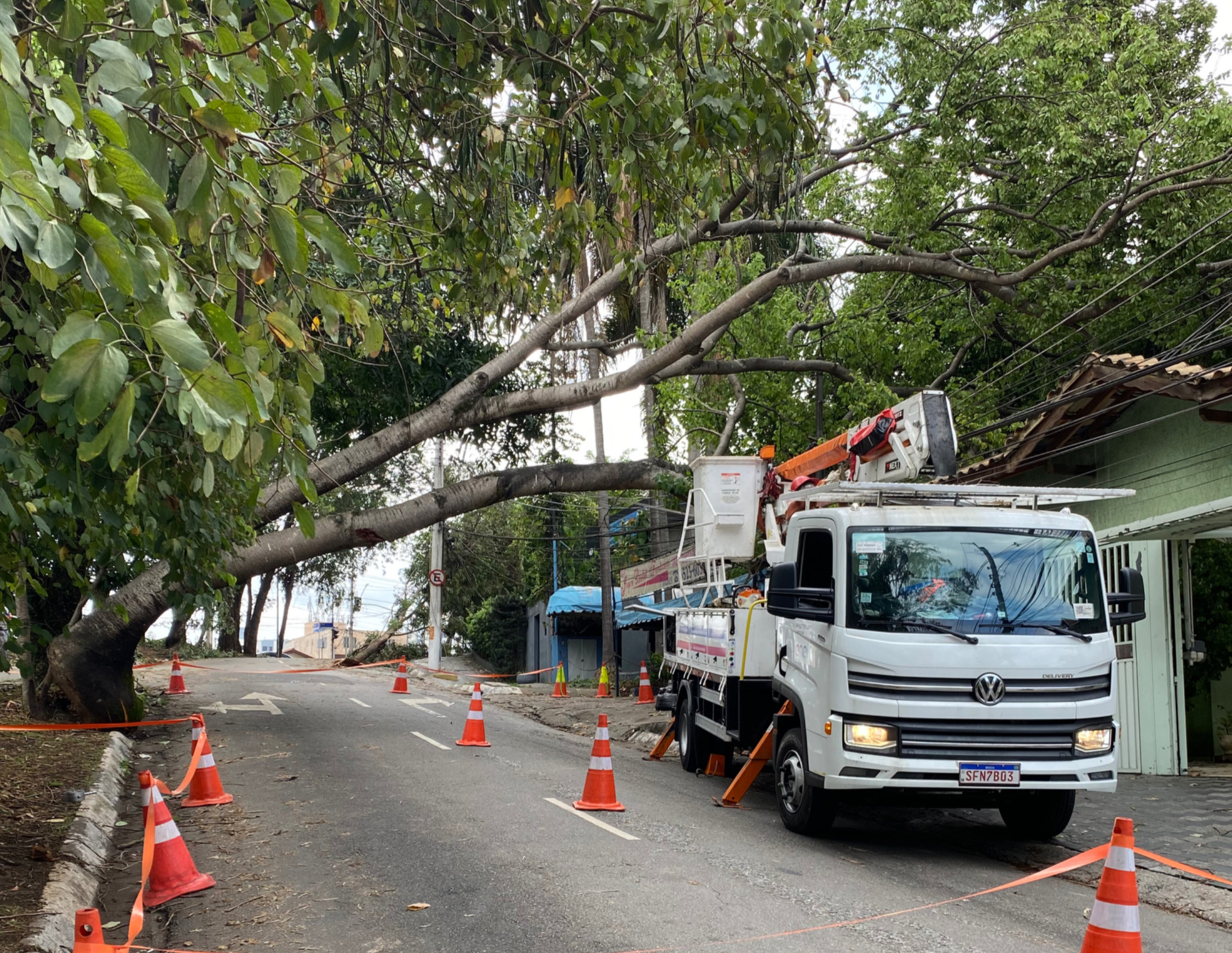 Uma árvore de grande porte caída em cima de uma casa, com rua interditada e um caminhão da companhia elétrica no local para retirada da árvore da fiação elétrica.